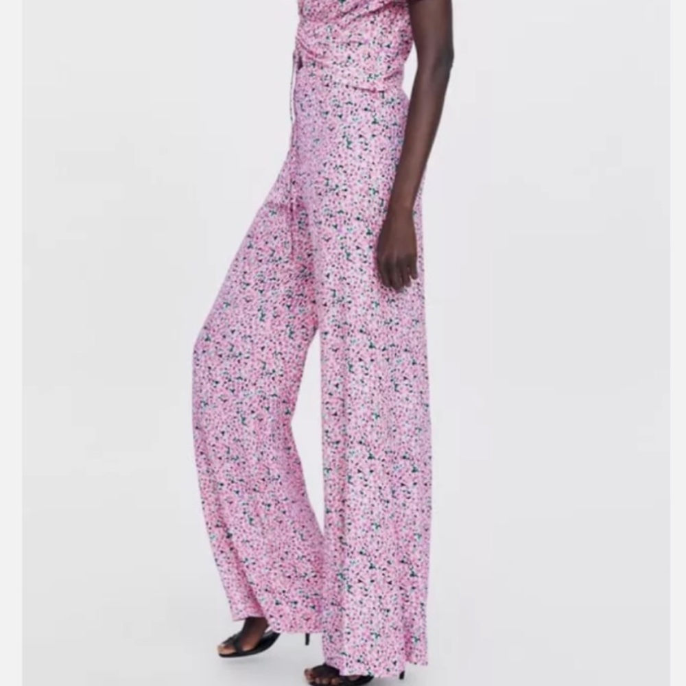 Zara SS19 Floral Print Flared Pants‎ Pink